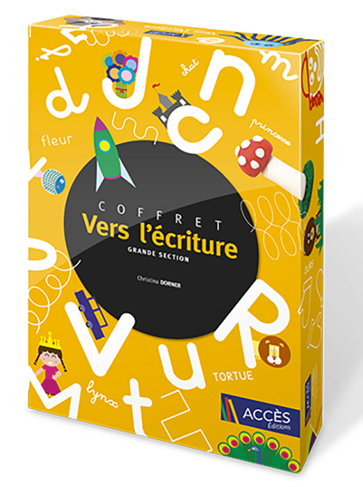 Coffret pédagogique Vers l'écriture grande section publié par Accès Éditions illustré avec des lettres et des dessins.